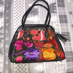Artisan Black Satchel with Vibrant Floral Design